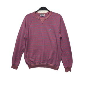 Vintage Hang Ten Foot Print Knit Crew Neck Sweater Striped Pink Powder Blue